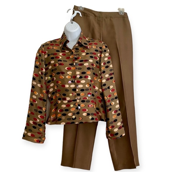 Brown Silk Button-front Blouse and Matching Pants Suit Set Size 4 Retro Vintage - Picture 3 of 15